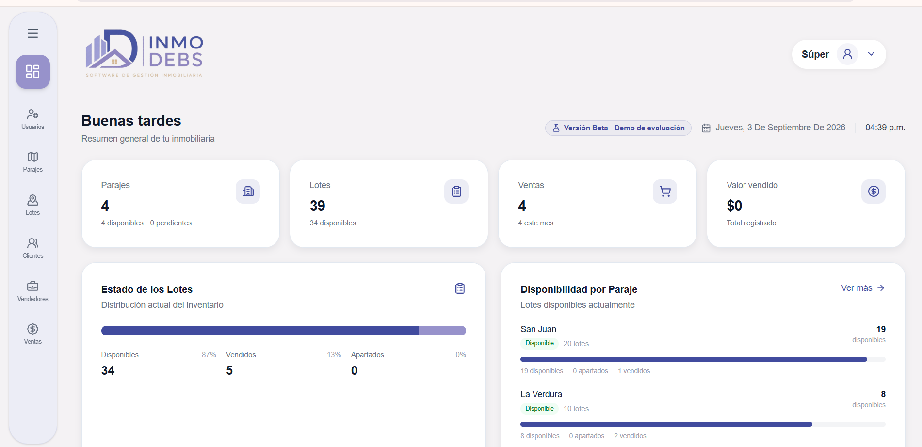 Dashboard de Inmo DEBS, software de gestión para inmobiliarias